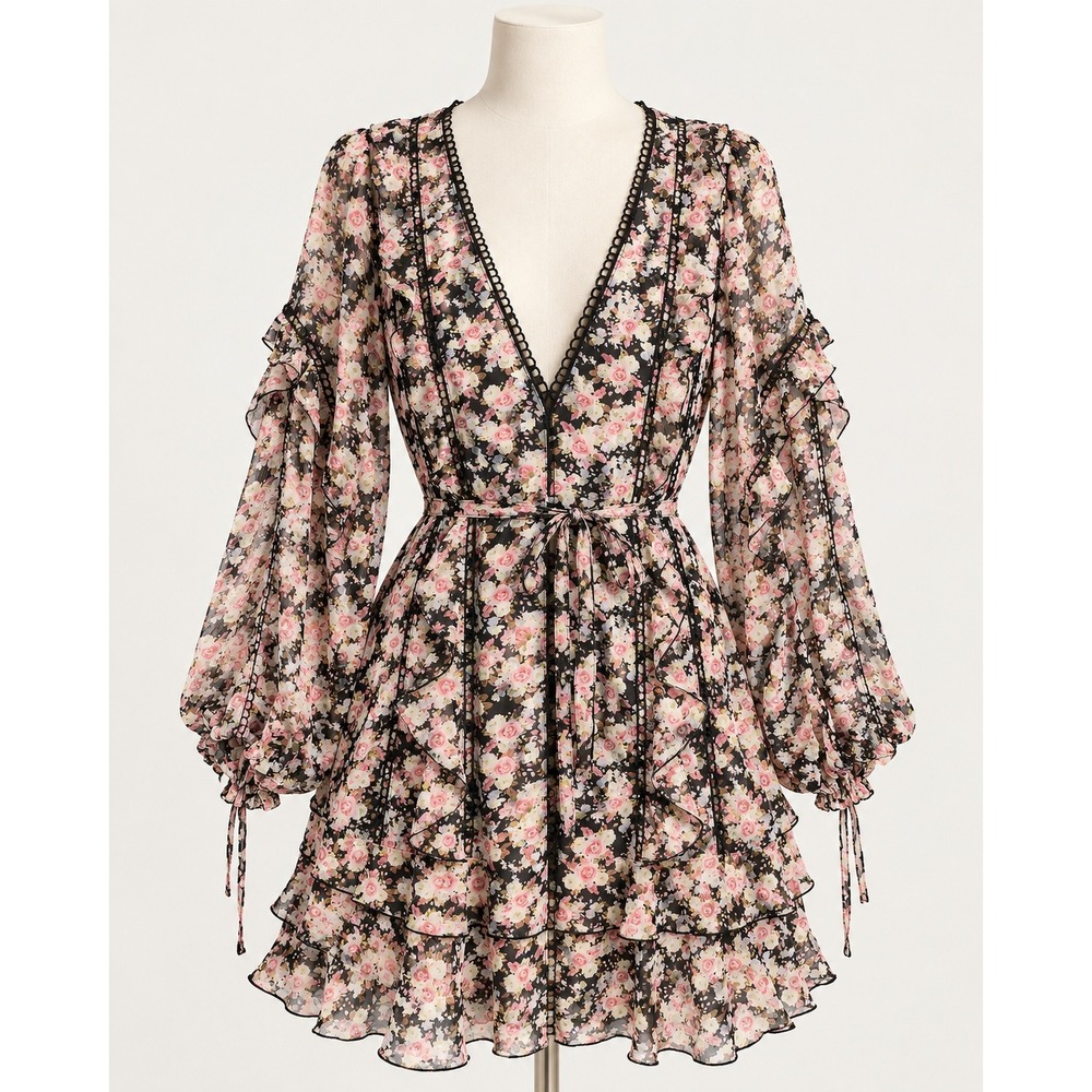 Fashion Nova Floral Ruffle Mini Dress Black Pink XL Long Sleeve V-Neck AZD4356